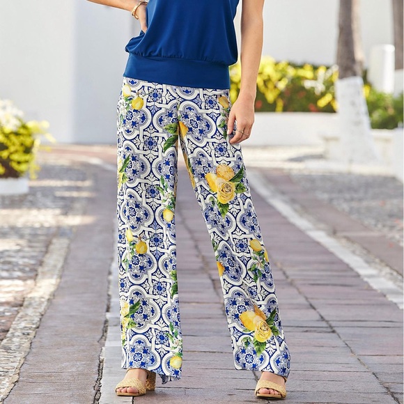 Boston Proper Flora Tiles Flowy Palazzo Pant Blue White Yellow Floral Lemons - Picture 1 of 12